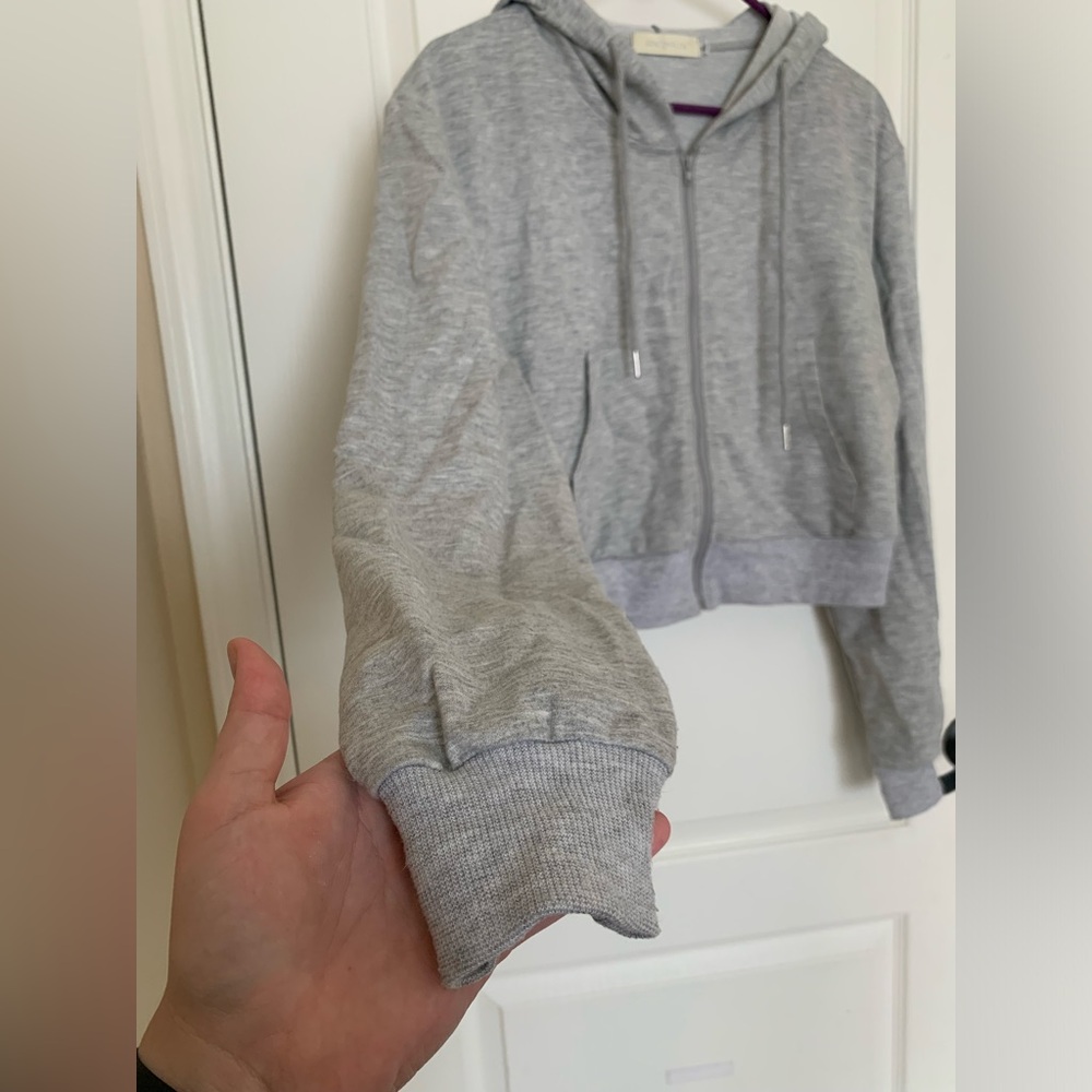 Milanpavilion Zip Up Cropped Grey Drawstring Hoodie Jacket Casual Long Sleeve - Picture 8 of 15